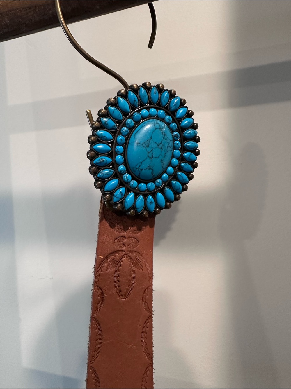 Lucky Brand Brown Leather Belt with Turquoise Stone Concho Buckle